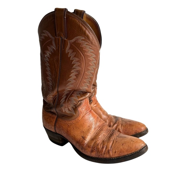Justin Boots Ostrich Exotic Brown Leather Western Cowboy Vintage 8722 Mens 9.5 D - Picture 1 of 13